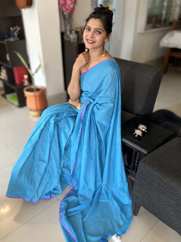 Polka Blue Cotton Saree