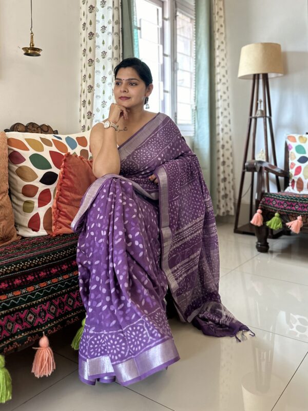 Purple Bagru Linen Cotton Saree