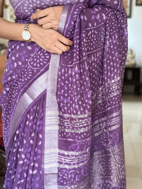 Purple Bagru Linen Cotton Saree