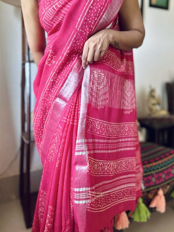 Pink Bagru Linen Cotton Saree